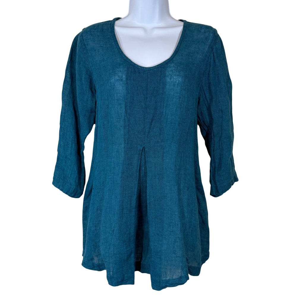 FLAX 100% Linen Tunic Top Womens Small Teal Blue Lagenlook artisan minimalist